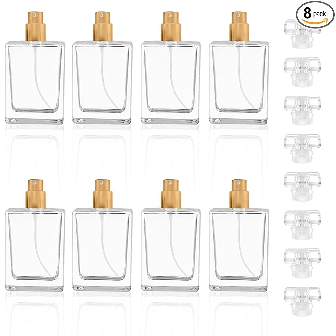 Enenes 8 Pack 30ml/1Oz Refillable Glass Perfume Bottles - Premium Square Gold Atomizer Spray Bottles, Leak-Proof Portable Empty Perfume Containers for Travel, Purse, Gym & Home Office Use