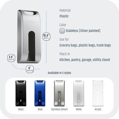 Manterio Plastic Bag Holder | UPGRADED Wall-Mount Grocery Bag Dispenser | Space-Saving Design | Easy Install | Smudge-Proof, Fingerprint-Resistant | Silver | Holds the Most Bags for Maximum Storage