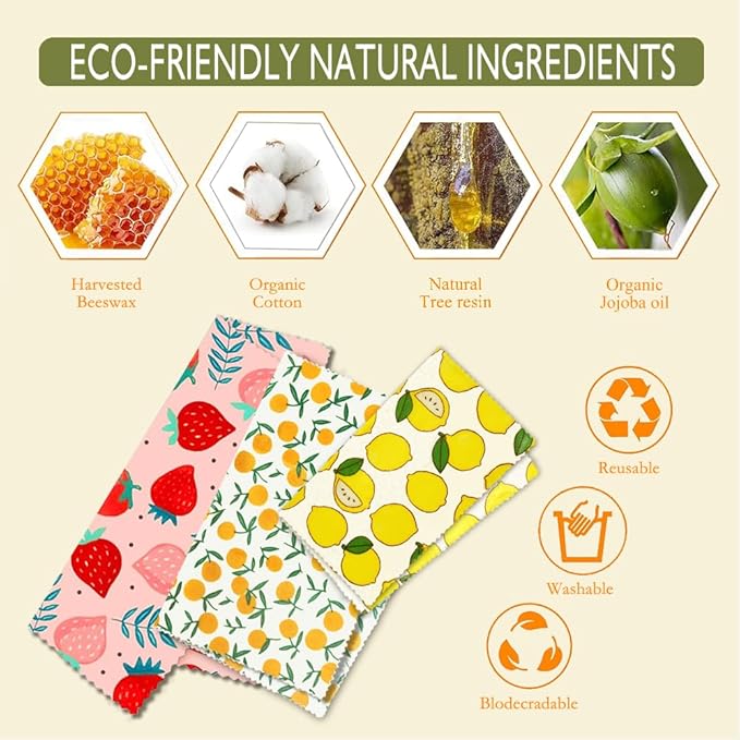 Reusable Beeswax Food Wraps, Organic Cotton Food Storage, Eco Friendly Plastic Free Wrap for Bread Sandwiches Fruits Cheese