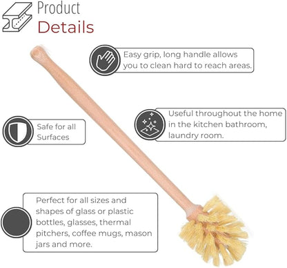 husMait Bottle Brush with Extra Long Wood Handle and Strong Bristles - Cleans and Scrubs Hard to Reach Wide Mouth Jars, Glasses, and Dishes