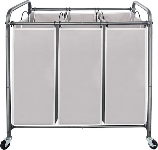 STO STO Laundry Sorter 3 Section, 3 Bag Clothes Hamper, Rolling Laundry Cart Basket with Heavy Duty Lockable Wheels and Removable Bag for Laundry Room, Bedroom, Closet, Gray