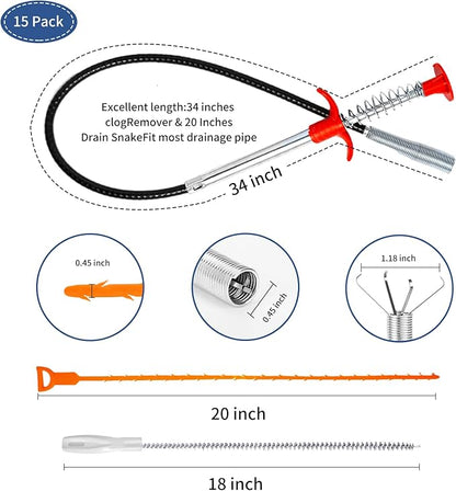 34inch Drain Snake (1pc), 20inch Hair Drain Clog Remover (12 pcs) & 18Inch Cleaner Brush (2 pcs), Sink Plumbing Snake Drain Tool Unclogger Tool Set For Kitchen, Bathroom Tub, Sewer, Toilet