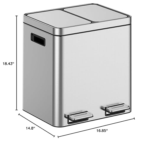 Kitchen Trash Can, 2x4 Gallon Rectangular Kitchen Waste Bin, Dual Separate Compartment Recycle Bin with Removable Plastic Inner Buckets, Soft Step-on with Lid