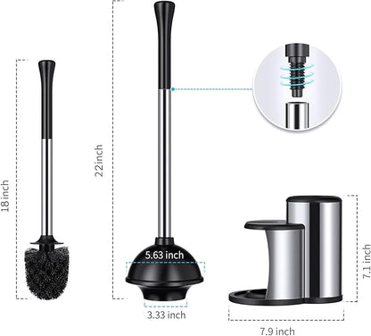 HAMITOR Toilet Plunger Bowl Brush Set: Hideaway Heavy Duty Toilet Plunger Scrubber Cleaner Holder Combo for Bathroom with Covered Caddy Hidden Elongated Discreet Apartment Plunger Brush Accessories