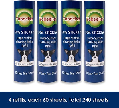 8 inch Large Surface Roller Refill for Scotch-Brite 50% Stickier Lint Roller, Works Great On Pet Hair (60 Sheets per Roll, 4 Pack)