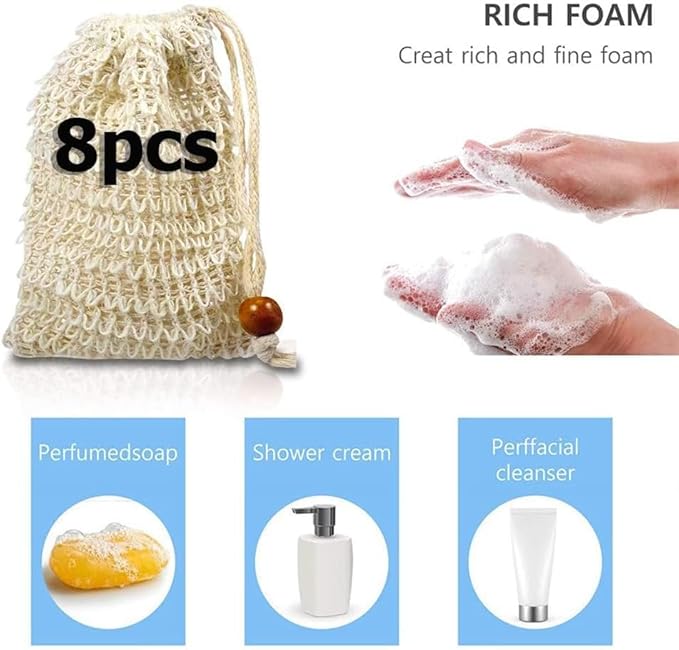 Natural Sisal Soap Saver Bag for Soap Bar Organic Soap Pouch for Exfoliating Lathers and Air Dry Soap Bar Shower Soap Saver Bag (8 Pcs)