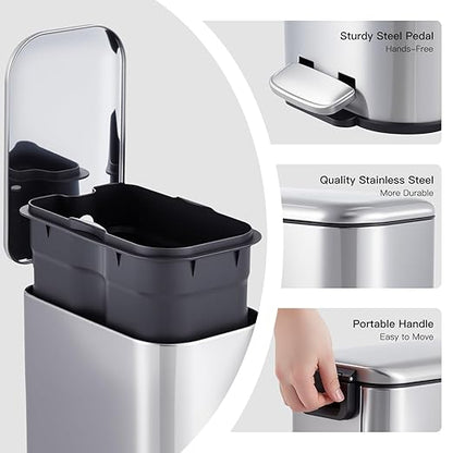 GlowSol Bathroom Trash Can with Lid, 1.3 Gallon 12 L Stainless Steel Step Trash Can with Removable Liner Bucket, Slim Small Wastebasket for Toilet Bedroom Office, Silver