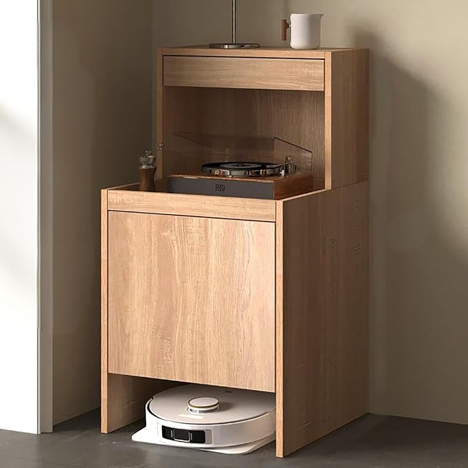 Robot Vacuum Stand Cabinet,Storage Cabinet with Doors and Drawers for Robot Vacuum Cleaner,Wood Bathroom Cabinet,Side Table for Living Room, Home Office(Brown,H100cm/39.3in)