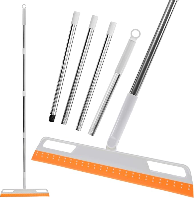 Multifunction Rubber Air Broom, Silicone Floor Squeegee, Air Broom, Rubber Squeegee with 56" Long Handle, Floor Scraping Sweeper Wiper for Bathroom Shower Kitchen Pet Hair Fur Marble Tile (Orange)