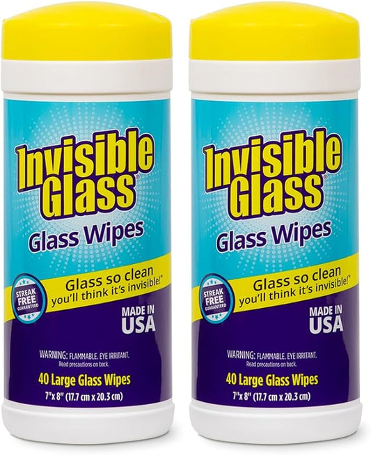 Invisible Glass 90160-2PK Glass Cleaning Wipes, Pre-Moistened, Streak-Free and Lint-Free, Safe for Windows, Mirrors, Windshields, and Tinted Glass, 40 Count (Pack of 2)