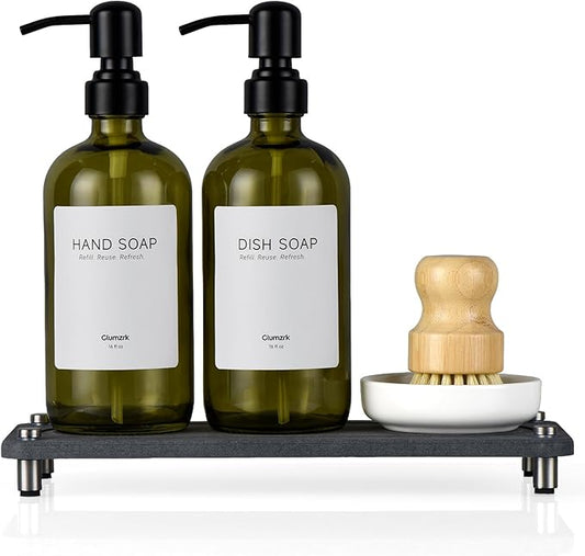 2 Pack Kitchen Soap Dispenser Set - 16oz Green Glass Dish and Hand Soap Dispenser with Stainless Steel Pump, Instant Dry Tray, Dish Brush & Holder, Refillable Countertop Sink Decor for Kitchen & Bath
