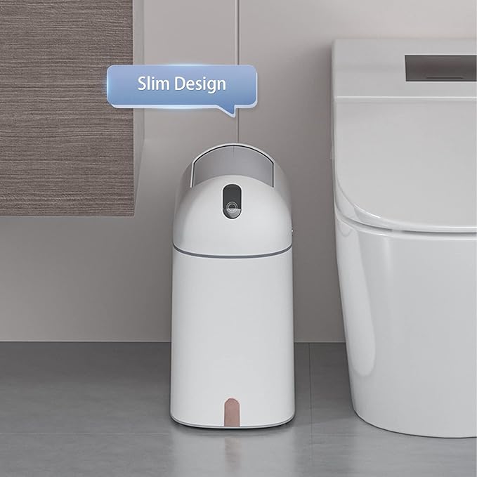 ELPHECO Bathroom Trash Can, 2.5 Gallon Motion Sensor Waterproof Trash Bin with Butterfly lid, Bathroom Decor Waste Basket Garbage Bin for Bedroom Kitchen and Office use, White with Golden Button