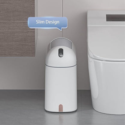 ELPHECO Bathroom Trash Can, 2.5 Gallon Motion Sensor Waterproof Trash Bin with Butterfly lid, Bathroom Decor Waste Basket Garbage Bin for Bedroom Kitchen and Office use, White with Golden Button