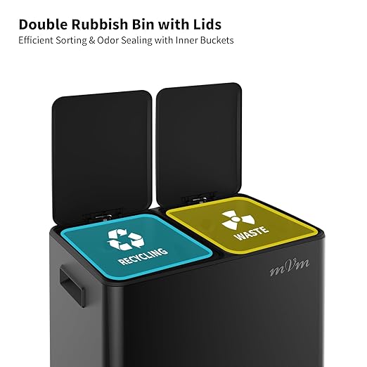 mVm Dual Trash Can, 16(2x8) Gal Large Step Trash Can with ABS Lid, Recycling Garbage Bin for Kitchen Home Office (Black)