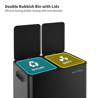 mVm Dual Trash Can, 16(2x8) Gal Large Step Trash Can with ABS Lid, Recycling Garbage Bin for Kitchen Home Office (Black)