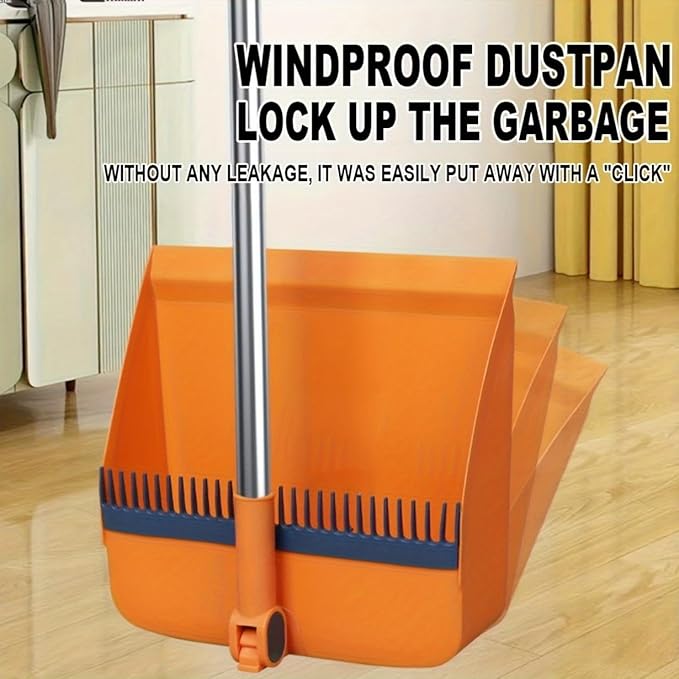 2-in-1 Broom with Dustpan Combo Set,Long Handle Broom Dustpan Combo with Dustpan Teeth to Automatically Clean Hair for Home, Indoor or Outdoor Cleaning Hall Floor (Orange)
