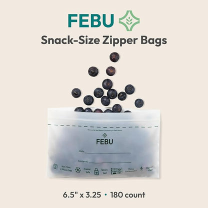 FEBU Snack Compostable Food Storage Bags, 180 Count | Certified Home Compostable & Biodegradable | PFAS & BPA Free Zipper Bags | Leak-Proof & Resealable | 6.5"x 3.25"