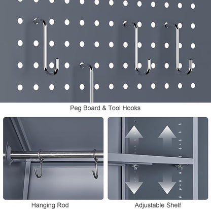 GREATMEET 72.8" H Tall Metal Garage Storage Cabinet for Cleaning Tools, Lockable Double Door Utility Organizer with Pegboard & Tool Hanging Bars, Grey