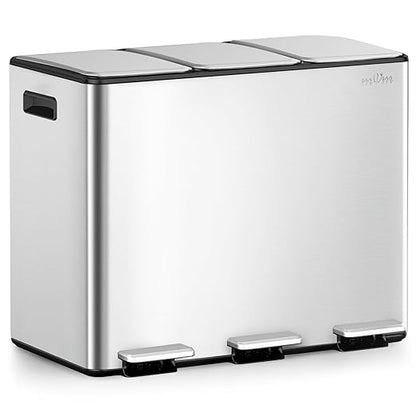 mVm 3 Compartment Trash Can, 12(3x4) Gal Triple Step Trash Can with Thick Lids, Modern Kitchen Office Garbage Can（Silver）