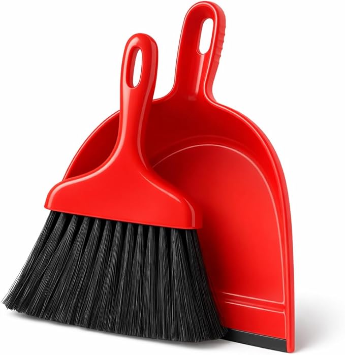 Heavy Duty Whisk Broom and Dustpan Set with Red Handle & Black Bristles, Compact Handheld Cleaning Combo for Home, Kitchen, Office, Garage & Car
