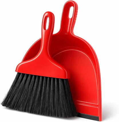 Heavy Duty Whisk Broom and Dustpan Set with Red Handle & Black Bristles, Compact Handheld Cleaning Combo for Home, Kitchen, Office, Garage & Car