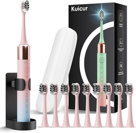 Kuicur Portable Electric Soft Toothbrush with Travel Case, 90-Day Largest Battery Life, 10 Brush Heads, 5 Modes Deep Clean, Ergonomically-Designed for Enhanced Comfort - Ideal Gift for Adults & Kids