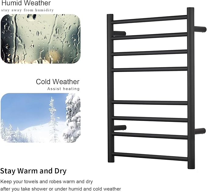 (1 Pack Yariwiz) Electric Towel Warmer for Bathroom Wall Mounted Drying Rack Plug-in Electric Heated Towel Rack Stainless Steel Round 8 Bars Bath Towel Heater Black