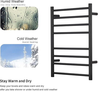 (1 Pack Yariwiz) Electric Towel Warmer for Bathroom Wall Mounted Drying Rack Plug-in Electric Heated Towel Rack Stainless Steel Round 8 Bars Bath Towel Heater Black