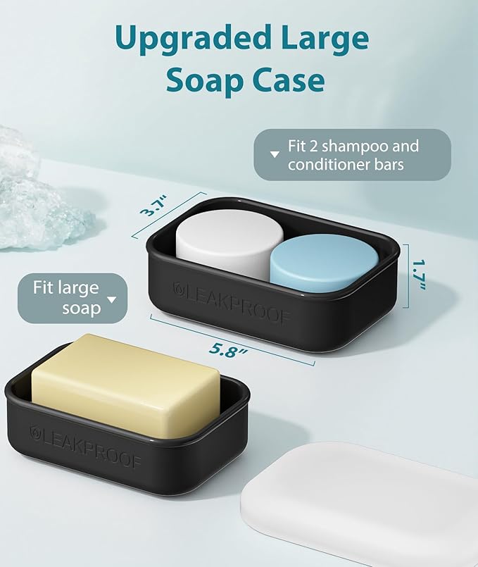 Quatish Large Leakproof Travel Soap Case, Solid Shampoo Bar Holder, Silicone Soap Box with Draining Layer, Enhanced Soap Container, Suitable for Camping, Gym, Bathroom, Outdoor Essentials, Black