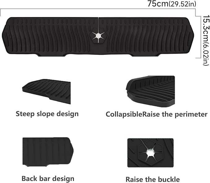 Kitchen Sink Splash Guard 29.7 X 5.7 In, Large Size Kitchen Sink Splash Guard, Silicone Sink Faucet Drying Mat, Faucet Mat Splash Catcher, Multipurpose For Kitchen Sink, Bathroom (Black)