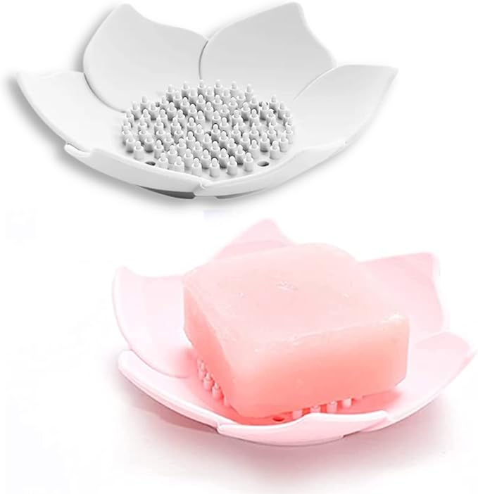 Adorable Pink Peri - 2-Pack Pink Soap Dish for bar soap Lovers | Self draining Hole Holder | Pink Floral Decor Bathroom Accessories | Zero Waste Gift (Silicone)