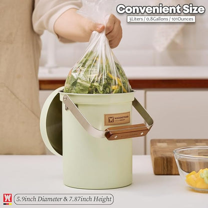WAGENSTEIGER Kitchen Countertop Compost Bin 101Ounces / 3Liter with Airtight Lid, SUS304 Stainless Steel Odor-Free Food Waste Bin with Wooden Handle Stylish Design/Bathroon Trash Can (Mint Green)