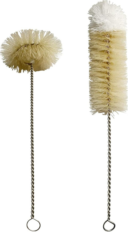 Bottle Brushes Thin Long Handle X 2, Skinny Wire Cleaner Set in Stainless Steel with Natural Boar Bristle at Wool Tip, Bendable Flexible for Cleaning Narrow Neck Bottles, Pipe, Tube, Hose