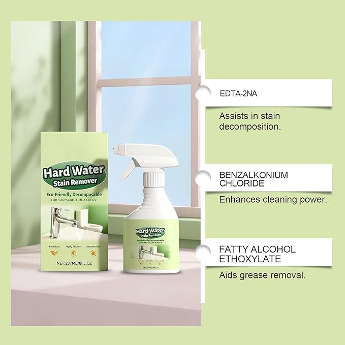 Water Stain Remover, 237ML Soap Scum Cleaning Agent, Glass Hard Water Shower Cleaner Spray, HardWater Spot Remover Spray, for Shower Bathtub Faucet Sink Bathroom Kitchen Apartment