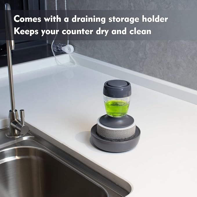 DAPOWER Dish Brush with Soap Dispenser, Kitchen Scrub Brush for Dishes Pots Pans Sink Cleaning, Scrub Sponge Dish Scrubber with Holder Set (Grey Handle & Scrub Sponge)