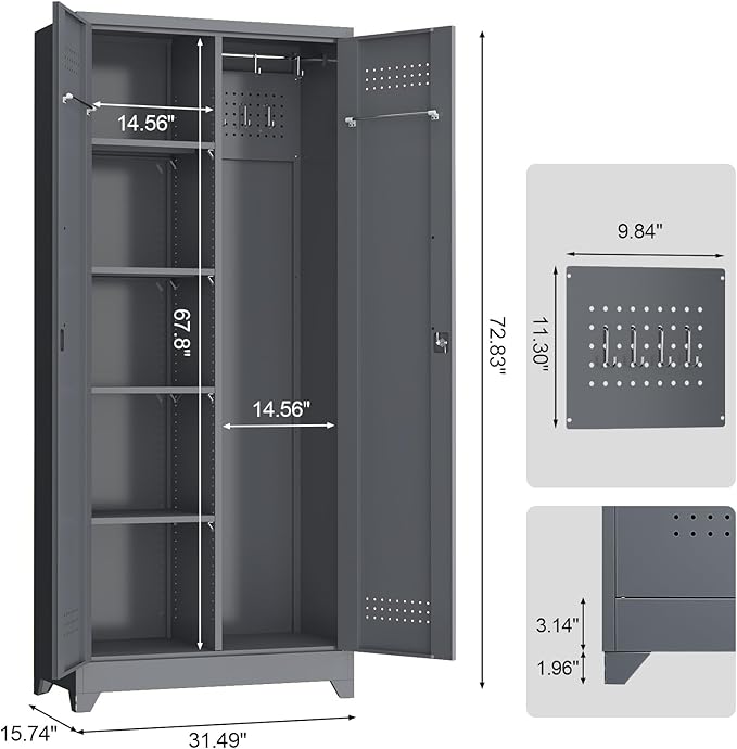 Metal Storage Cabinet with Lock,72" Garage Storage Cabinets with Hanging Rod & S-Hooks,Large Storage Cabinet with Shelves,Locking Tool Utility Closet for Home,Garage,Utility Room,Dark Grey