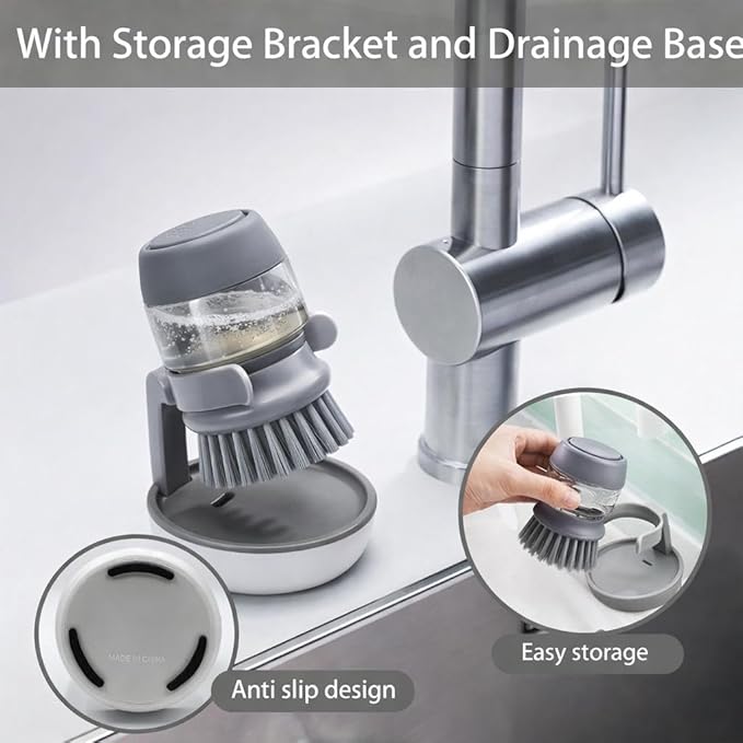 Soap Dispensing Dish Scrubber Brush with Storage Bracket - Replaceable Palm Brush for Kitchen Pot, Pan and Sink Cleaning, Drainage Base, Dish Washing Brush, Kitchen Brush for Cleaning