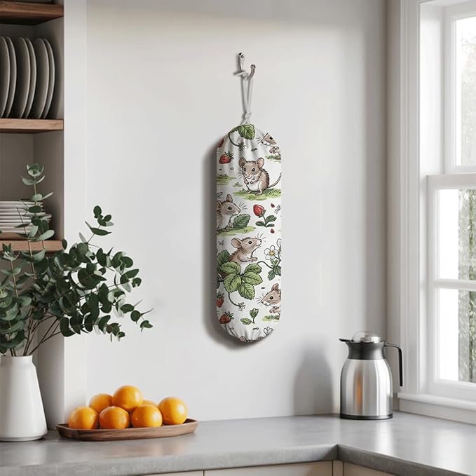 Rats Strawberry Plastic Bag Holder, Reusable Washable Shopping Bags Storage Carrier, Fabric Garbage Trash Bag Dispenser for Home Kitchen Pantry Cabinet, Wall Mount, Kitchen Housewarming Gifts