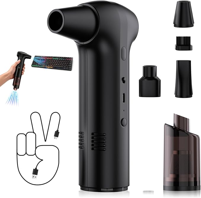 Compressed Air Duster, Rechargeable Electric 2-in-1 Air Blower and Car Vacuum, 130000RPM 3 Speed Super Power Brushless Motor, Fast Charging, Dust Blower for Computer, Keyboard, House, Outdoor and Car