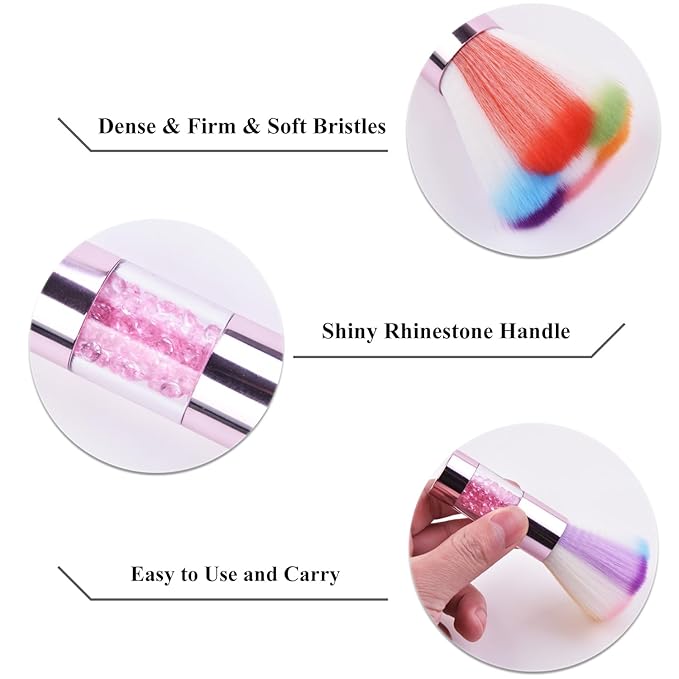 Colorful Nail Art Dust Brush Remover Cleaner for Acrylic Gel Nails with Shiny Rhinestone Handle