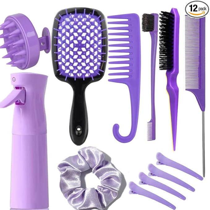 12 Pcs Hair Brush Set with Continuous Hair Spray Bottle for Women, Rat Tail Combs for Toddlers, Soft Scalp Massager, Detangling Hairbrush for Wet Dry Curly Hair (purple)