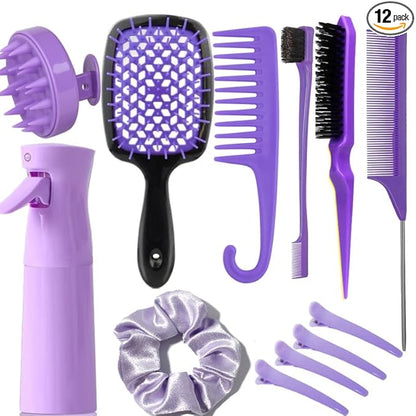 12 Pcs Hair Brush Set with Continuous Hair Spray Bottle for Women, Rat Tail Combs for Toddlers, Soft Scalp Massager, Detangling Hairbrush for Wet Dry Curly Hair (purple)