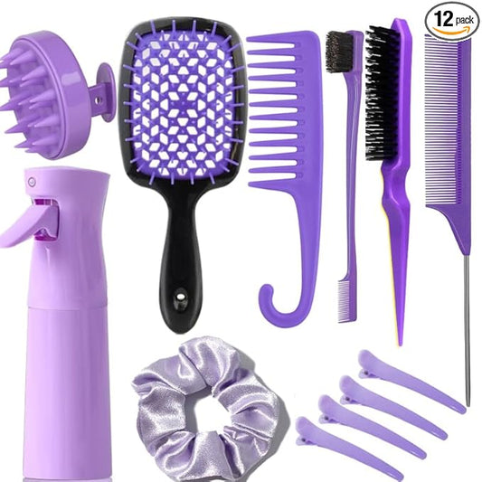 12 Pcs Hair Brush Set with Continuous Hair Spray Bottle for Women, Rat Tail Combs for Toddlers, Soft Scalp Massager, Detangling Hairbrush for Wet Dry Curly Hair (purple)