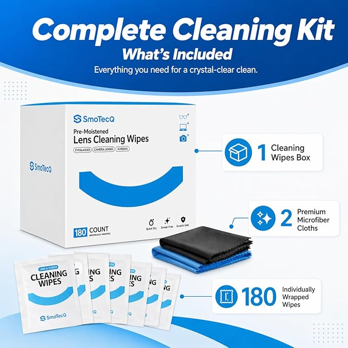 SmoTecQ Lens Wipes for Glasses, 180 Individually Wrapped Eyeglass Cleaning Wipes with 2 Microfiber Cloths for a Streak-Free Finish, Safe for Coated Lenses, Screens & Camera Lenses