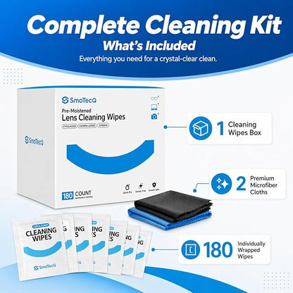 SmoTecQ Lens Wipes for Glasses, 180 Individually Wrapped Eyeglass Cleaning Wipes with 2 Microfiber Cloths for a Streak-Free Finish, Safe for Coated Lenses, Screens & Camera Lenses