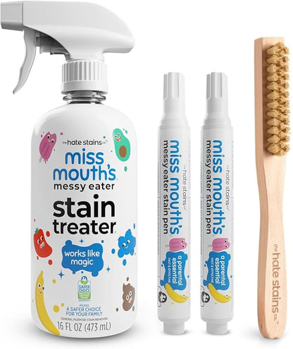 Miss Mouth's Messy Eater Stain Treater & Pen Bundle - 16oz Spray, Portable Stain Remover Pens & Laundry Brush - Spot Cleaner for Clothes, Carpet & On-the-Go