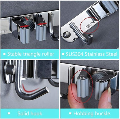 Broom Mop Holder Wall Mount Stainless Steel Tool Hanger Storage Organizer for Home, Kitchen, Garage, Garden, Laundry Room, Bathroom Organization and Storage(4 Racks 5 Hooks)