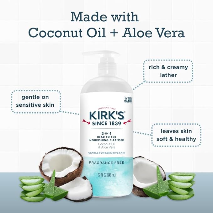 Kirk's Fragrance Free 3-in-1 Nourishing Cleanser, Shampoo Body Wash Bubble Bath, Coconut Oil and Aloe Vera, Vegan Non-GMO, 32 Fl Oz
