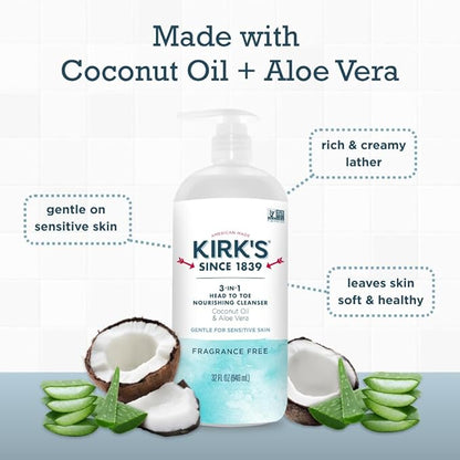Kirk's Fragrance Free 3-in-1 Nourishing Cleanser, Shampoo Body Wash Bubble Bath, Coconut Oil and Aloe Vera, Vegan Non-GMO, 32 Fl Oz, Pack of 2