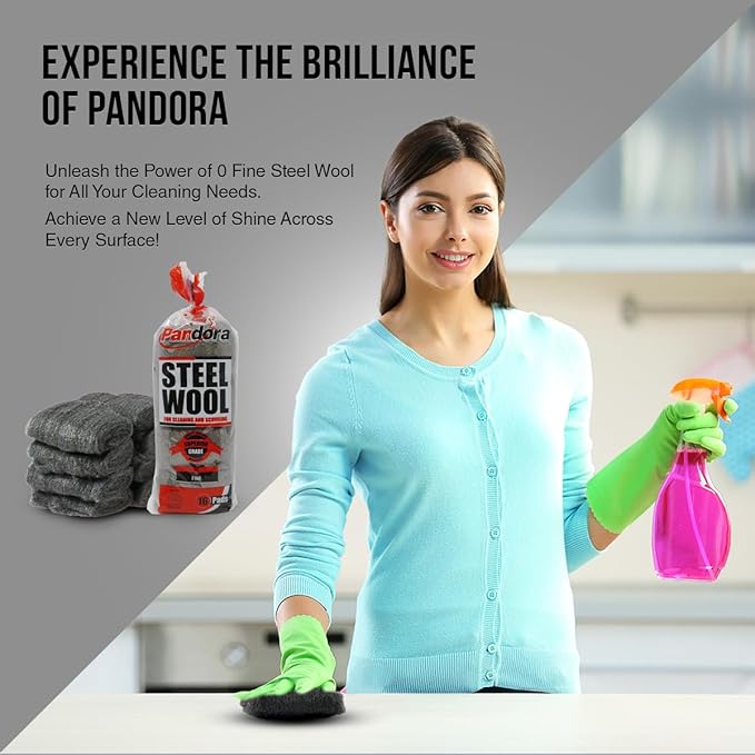 Pandora Steel Wool #0 - Fine Grade, 16 Pads for Cleaning and Scouring- Quality Metal Strands - Ideal for Cleaning Porcelain, Tile, Grout, and Shower Doors